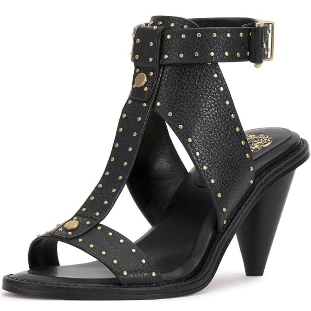 Vince Camuto Faunie T-Strap Sandal black leather Pinpoint Studs Size 8 Gladiator